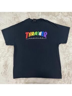 Thrasher T-Shirt Vintage 90s Skate Magazine Rainbow Logo Black Men’s Size XL